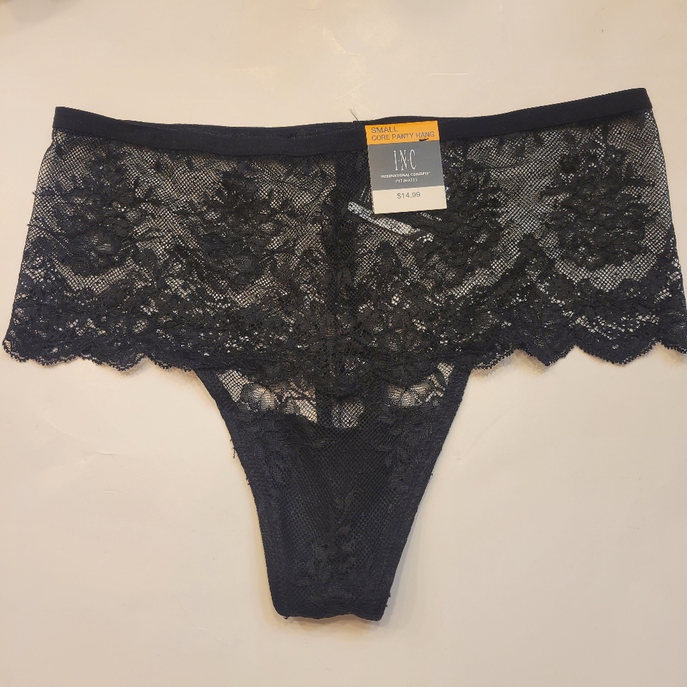 Inc International Concepts High-Waist Lace Thong Scallop-Trimmed Black